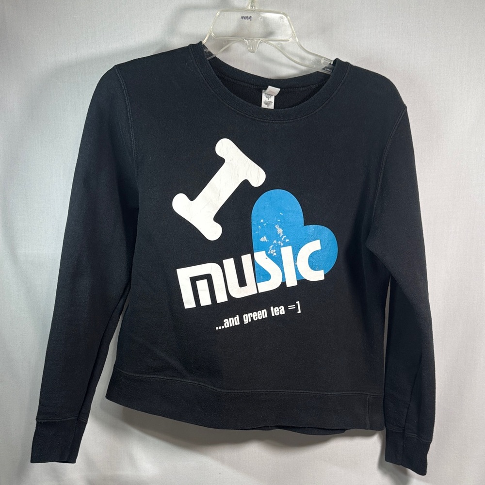 Hanes Faded Black I Heart Music And Green Tea Cropped Sweatshirt M